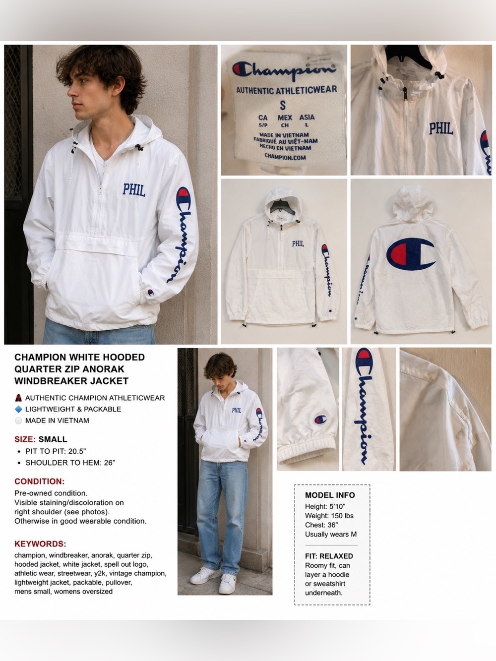 Champion White Hooded Quarter Zip Anorak Windbreaker Jacket Small Spell Out Logo